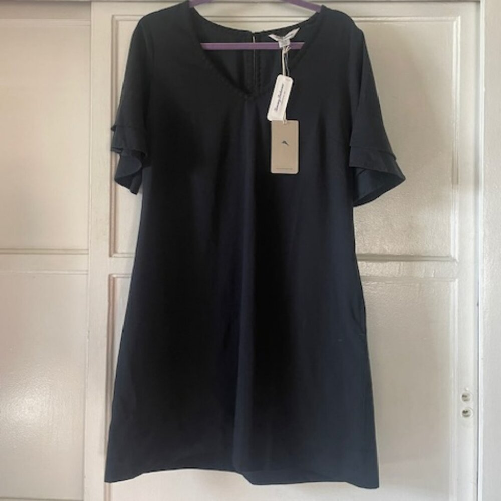 Tommy Bahama NWT Women's Dress Medium Dark Gray Crochet Trim Bell Sleeves Resort